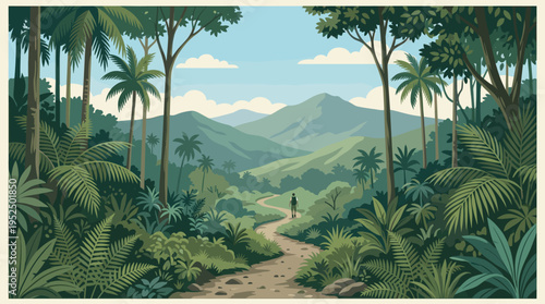 A lone hiker with a backpack walks on a trail through a lush tropical jungle, with a scenic view of green mountains under a blue sky. Flat vector illustration style.