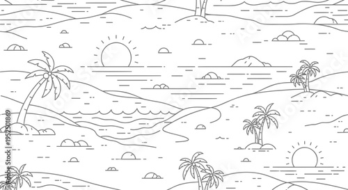 Tropical island landscape vector illustration with palm trees and sun