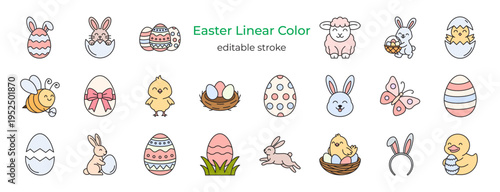 Canvas Print Colorful line art set of 22 easter icons with editable stroke and pastel fill, featuring bunnies, eggs, chicks, lamb and other festive spring elements