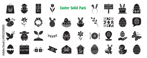 A collection of 38 solid black Easter icons featuring eggs, bunnies, spring flowers, chicks, and holiday symbols on a white background.