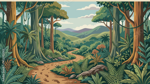 A vibrant illustration of a lush jungle landscape featuring a winding path with footprints, leading towards distant mountains, evoking a sense of adventure and exploration.