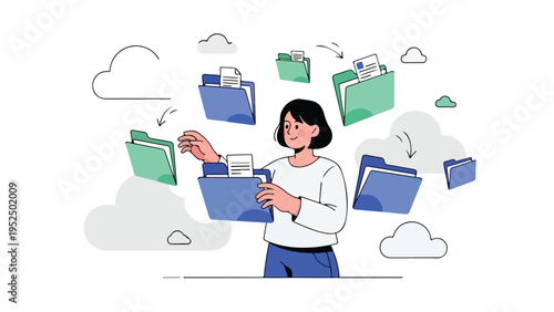 Illustration of a woman organizing digital files and folders with cloud storage icons around her in a minimalist style with a clean white background.