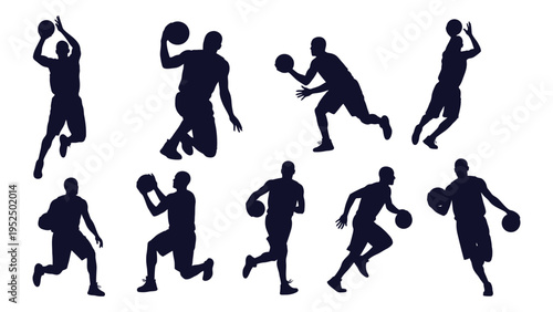 A group of basketball players in various poses