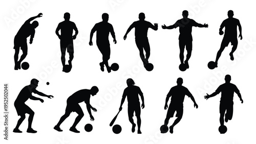 A set of black silhouettes of men playing soccer