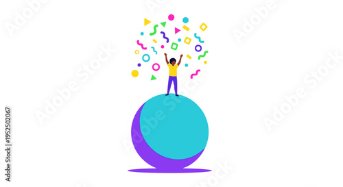 Dynamic diverse professional celebrating global milestone achievement and corporate success through innovative data-driven solutions in a modern flat vector style