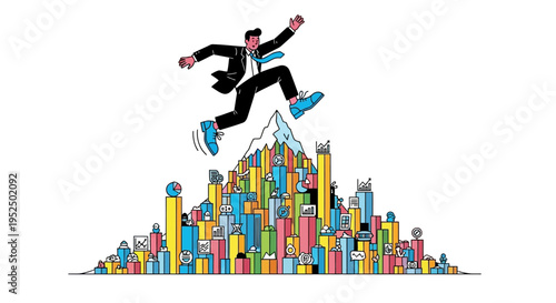 Determined Business Strategist Leaping Over Scalable Data Mountains to Reach Peak Corporate Performance Objectives