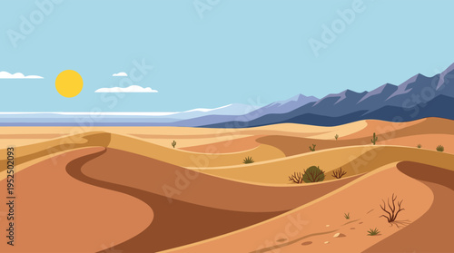 A vector illustration of a vast desert landscape with rolling orange sand dunes, distant purple mountains, a bright yellow sun, and a clear blue sky.