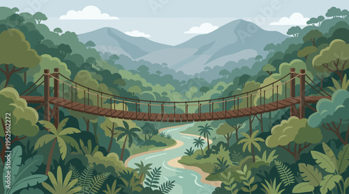 A scenic vector illustration of a wooden rope suspension bridge crossing a river in a lush green tropical jungle with mountains in the background.