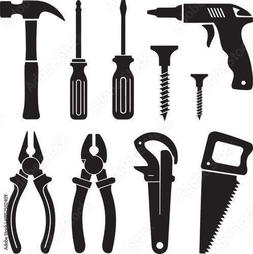 Tool silhouette collection: hammer, screwdrivers, pliers, saw, wrench, and power drill, hand tool
