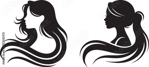 Female silhouette profile with long flowing hair, elegant style and beauty concept, black and white