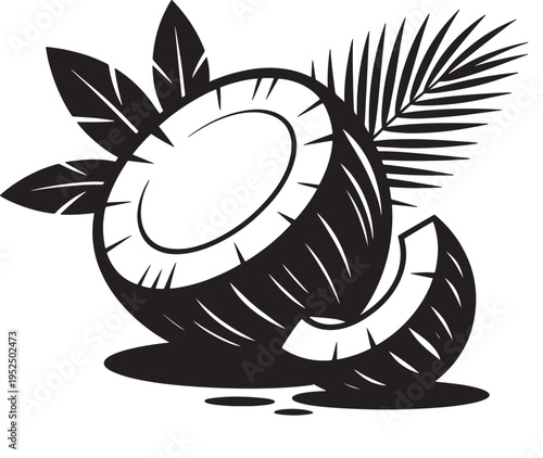 Coconut halved with leaf and frond silhouette, tropical fruit for food or drink, black and white
