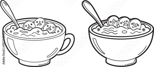 Hand drawn illustration of two bowls of cereal with spoons and fruit, black and white line art, food and drink
