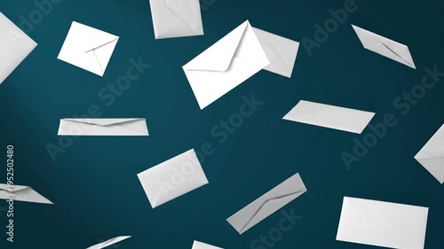 White envelopes falling on blue background.