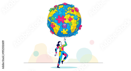 Strategic female leader balancing complex global operations and international market solutions with a puzzle piece globe.