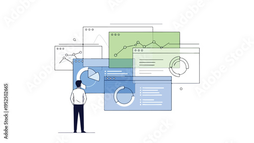 Illustration of a man analyzing various data visualizations and graphs on multiple screens with a thoughtful expression in a neutral background.