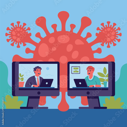 Concept of remote work during a pandemic with virus illustration and computer screens with work from home