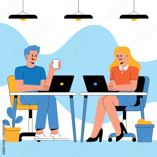 Two people working on laptops at desks in a modern co-working space with plants and lamps with co working