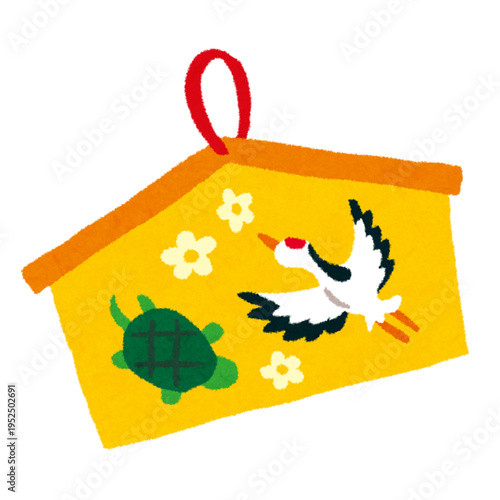 Illustration of a crane and turtle ema symbolizing longevity and good fortune for New Year