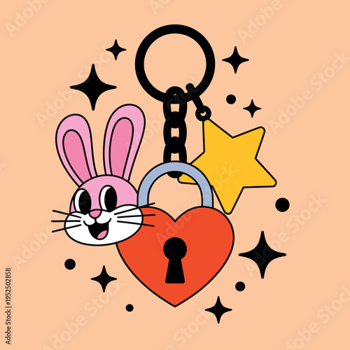 Cute bunny face, heart lock, and star charm keychain - vector art