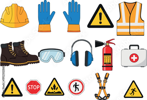Collection of safety equipment and warning signs, including personal protective gear, fire extinguisher, and safety signage for industrial and construction environments