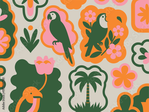 Retro tropical pattern with parrots, palms and flowers in bold colors, palm tree