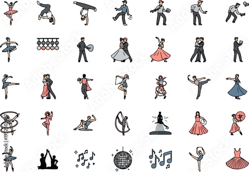 Diverse Collection of Dance and Movement Icons Representing Various Styles and Activities