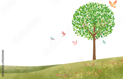 木, 風景, 自然, 空, ベクター, イラスト, 牧草地, デザイン, 丘, 水彩, 青空, 春, 夏, 草原, ナチュラル, 草, 緑, リーフ, 青春, 卒業式, 入学式, 爽やか, バックグラウンド, 大木, 葉