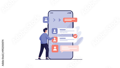 A man interacting with a large smartphone displaying chat icons and messages on a white background with a modern digital illustration style.