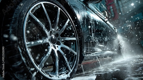 Water sprays across a wet, black car's glossy surface