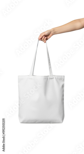 A white tote bag held by a hand isolated on transparent background