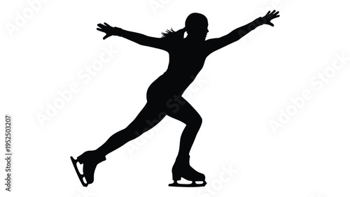A woman in a skating pose with her arms outstretched