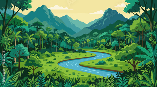 A serene vector illustration of a winding river flowing through a lush, green tropical jungle with towering mountains in the background.