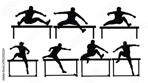 A series of silhouettes of a man jumping over hurdles