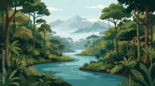 A serene illustration of a winding river flowing through a lush green jungle, with misty mountains visible in the distant background.