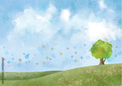 木, 風景, 自然, 空, ベクター, イラスト, 牧草地, デザイン, 丘, 水彩, 青空, 春, 夏, 草原, ナチュラル, 草, 緑, リーフ, 青春, 卒業式, 入学式, 爽やか, バックグラウンド, 大木, 葉