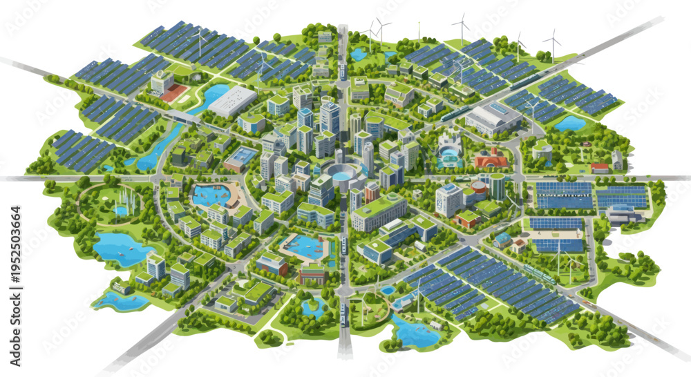 Fototapeta premium Eco-friendly futuristic city with solar panels, wind turbines, green buildings, and water features.