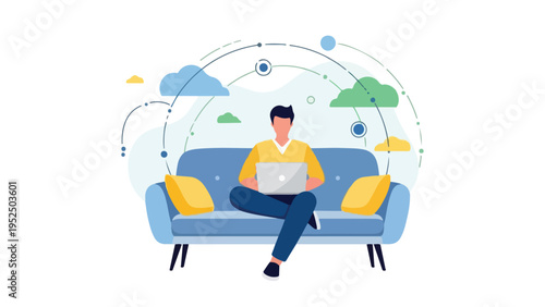 Illustration of a man sitting on a blue couch with a laptop against a white background with cloud icons.