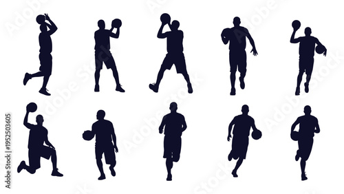 A group of basketball players in various poses