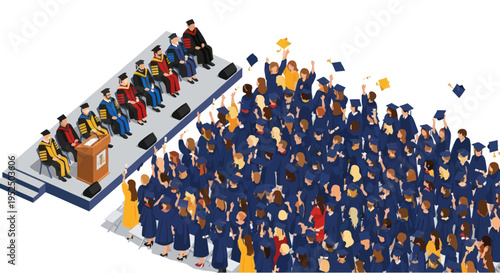 Graduation Ceremony: Students Celebrate, Caps Tossed, Faculty on Stage