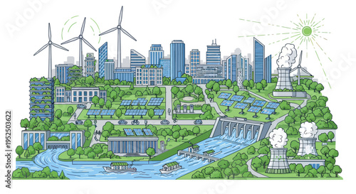 Sustainable green city with renewable energy sources, eco-friendly urban landscape