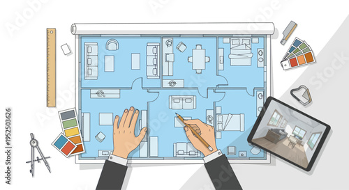 Architectural Blueprint: Hands Drawing Floor Plan with Tablet and Color Swatches