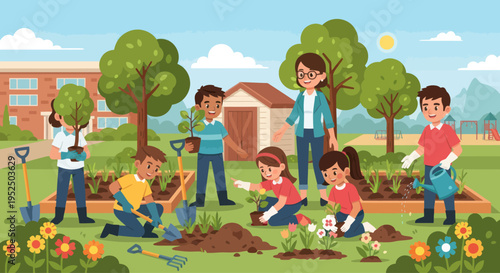 Children Planting Flowers and Trees in School Garden with Teacher