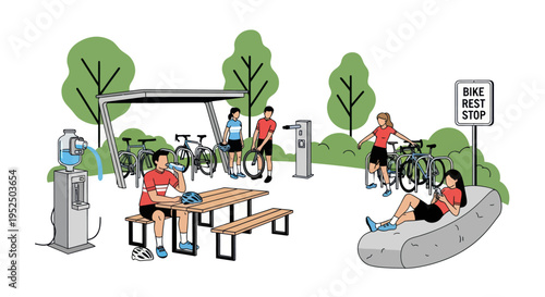 People resting at a modern bike rest stop with water dispenser and picnic table.