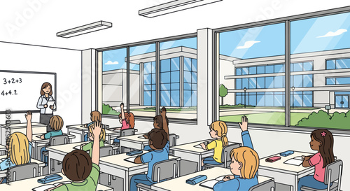 Diverse students raising hands in modern classroom with teacher and math lesson