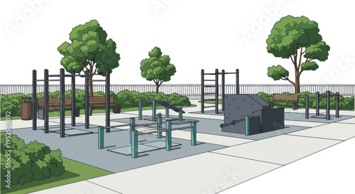 Outdoor Fitness Park with Calisthenics Equipment, Trees, and Benches