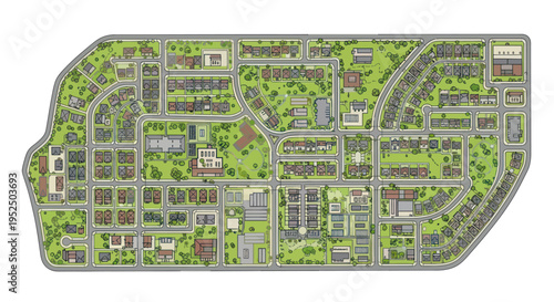 Aerial View of a Suburban Neighborhood Plan with Houses, Streets, and Green Spaces