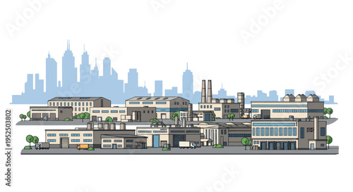 Industrial cityscape illustration with factories and distant city skyline, cartoon style.