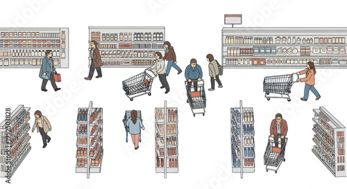 Shoppers with Carts in Grocery Store Aisles, Everyday Shopping Scene Illustration