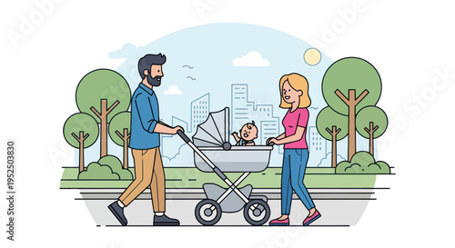 Happy Family Walking with Baby Stroller in City Park