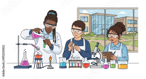 Diverse students conducting chemistry experiment in school laboratory